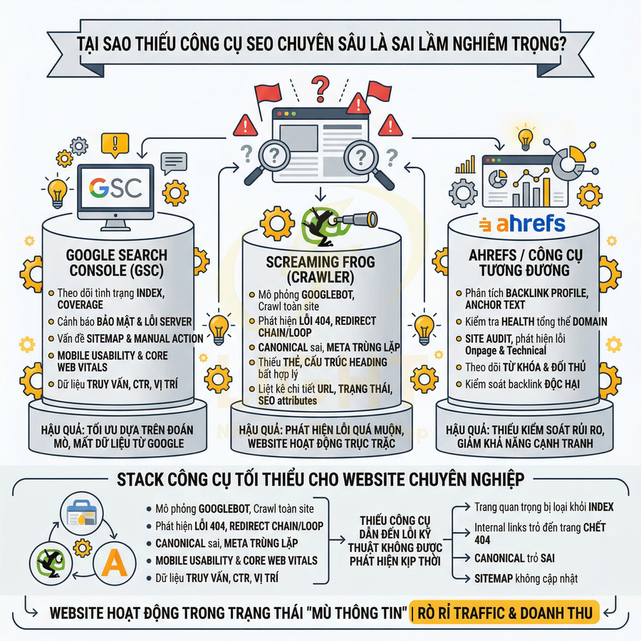 Infographic so sánh Google Search Console, Screaming Frog và Ahrefs trong bộ công cụ SEO cần thiết cho website